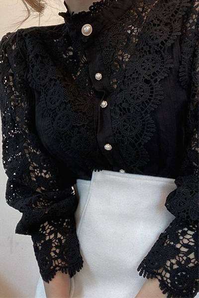 Elegant Patchwork Lace Hollowed Out Buckle Mandarin Collar Blouses(3 Colors)