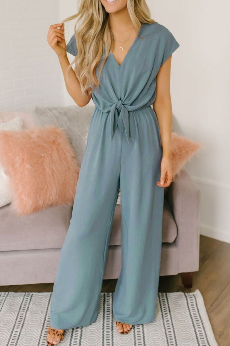 Fashion Street Solid Backless V Neck Loose Jumpsuits(3 Colors)