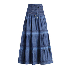 outfit ideas for school Denim Two-Piece Long Skirt Women's Spring and Summer Korean Style Beach Retro Elastic Large Swing High Waist Long Skirt