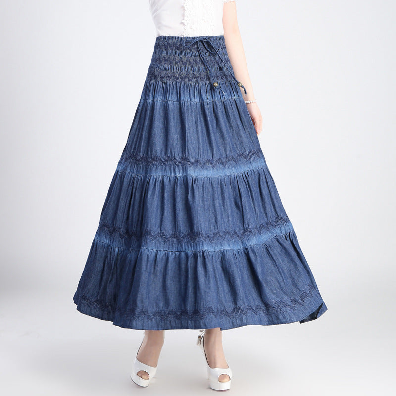 outfit ideas for school Denim Two-Piece Long Skirt Women's Spring and Summer Korean Style Beach Retro Elastic Large Swing High Waist Long Skirt