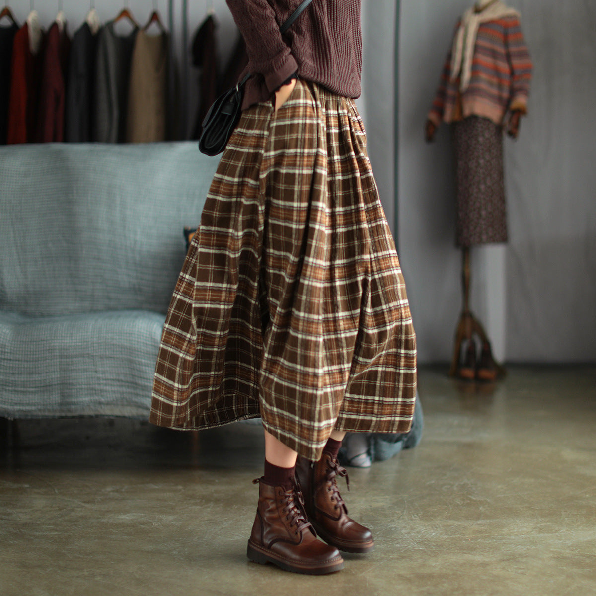 90s fashion Ancient Coffee Clothing Artistic Brushed Plaid Skirt Spring New Retro Loose A- line Women's Skirt Elastic Waist Skirt