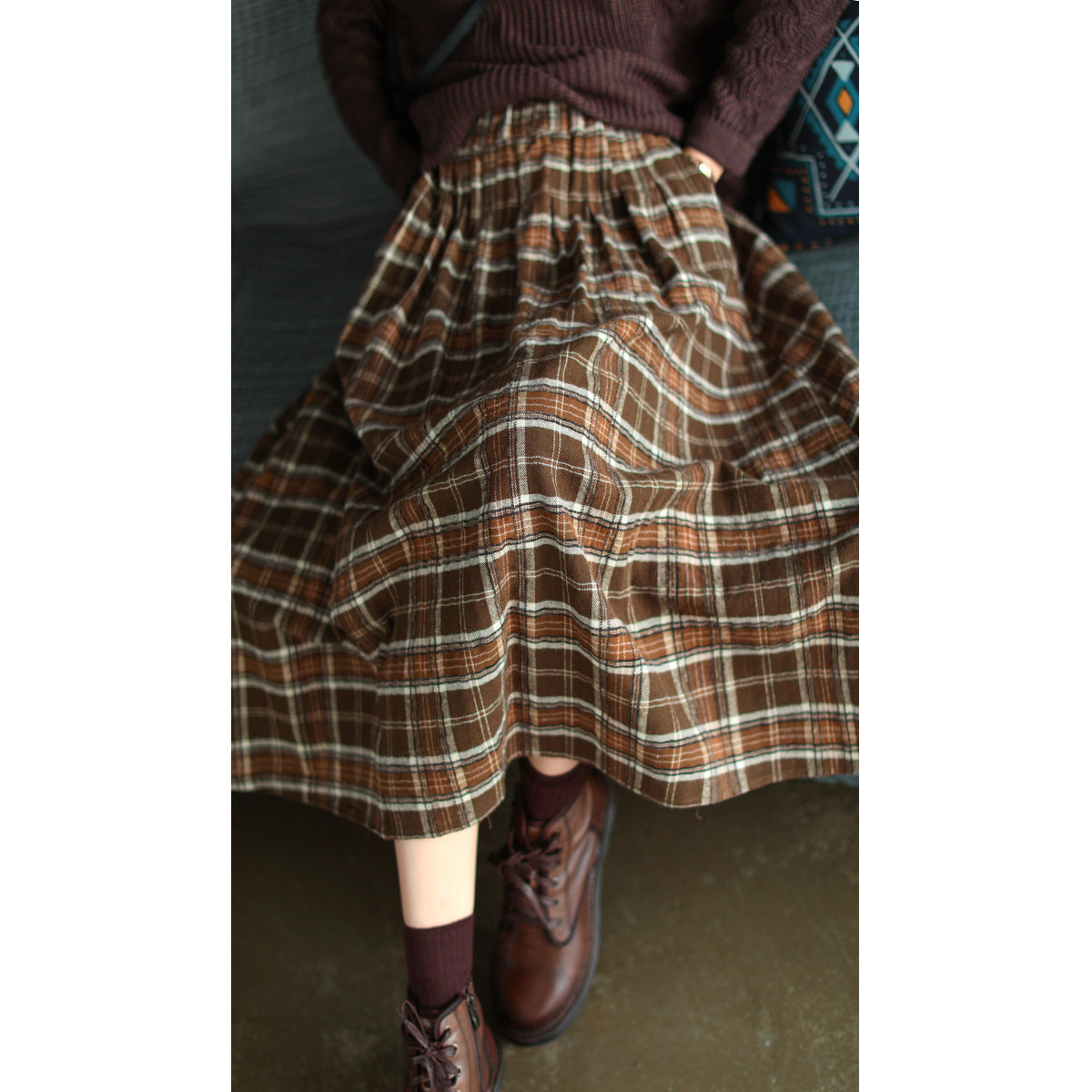 90s fashion Ancient Coffee Clothing Artistic Brushed Plaid Skirt Spring New Retro Loose A- line Women's Skirt Elastic Waist Skirt