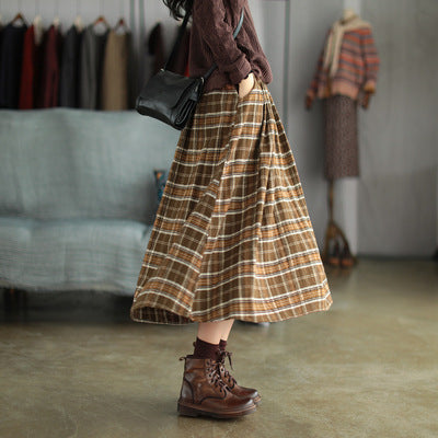 90s fashion Ancient Coffee Clothing Artistic Brushed Plaid Skirt Spring New Retro Loose A- line Women's Skirt Elastic Waist Skirt