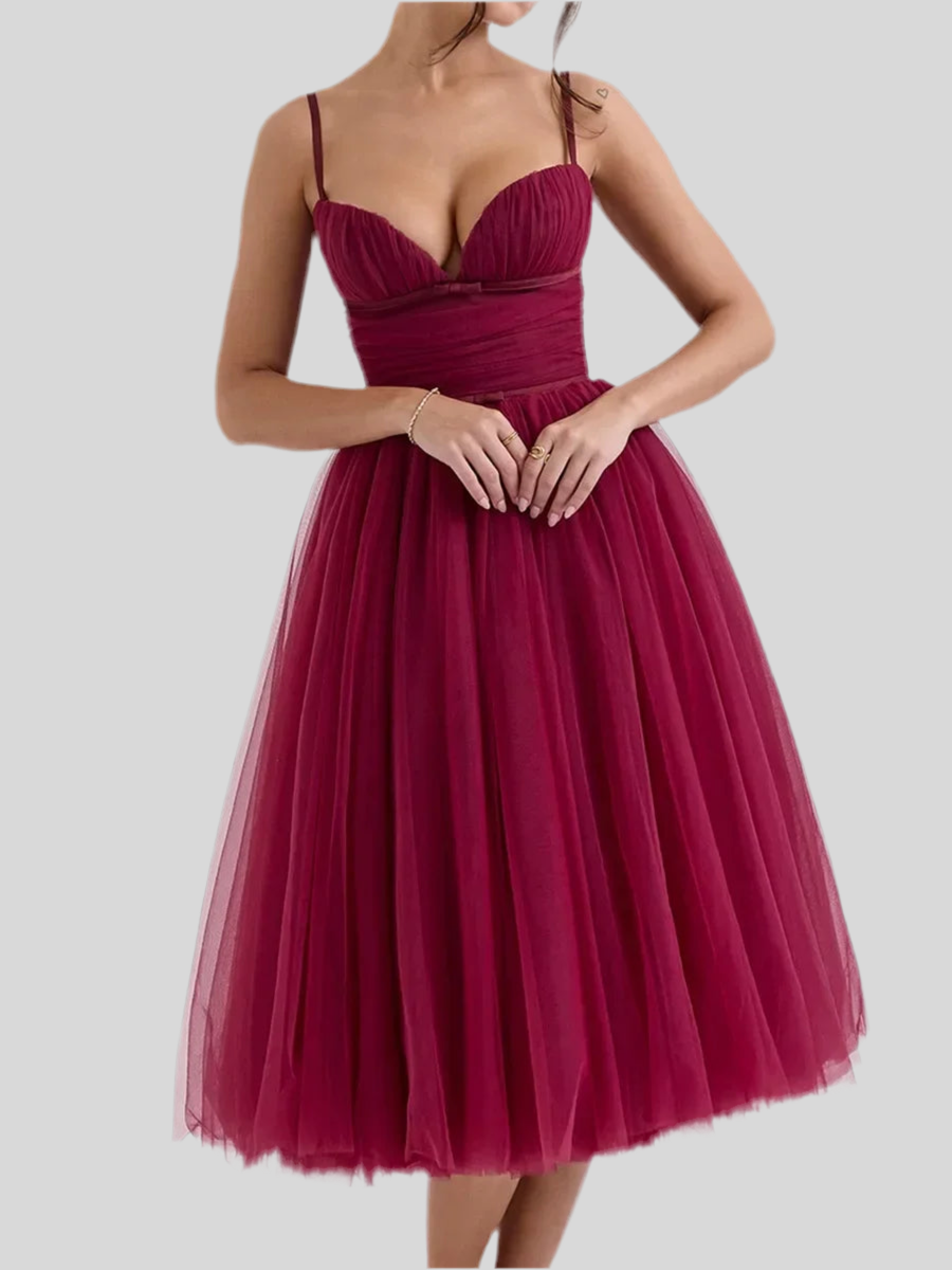 REALMEFIT  - Sweetheart Neckline Strap Tulle Frill Midi Dress