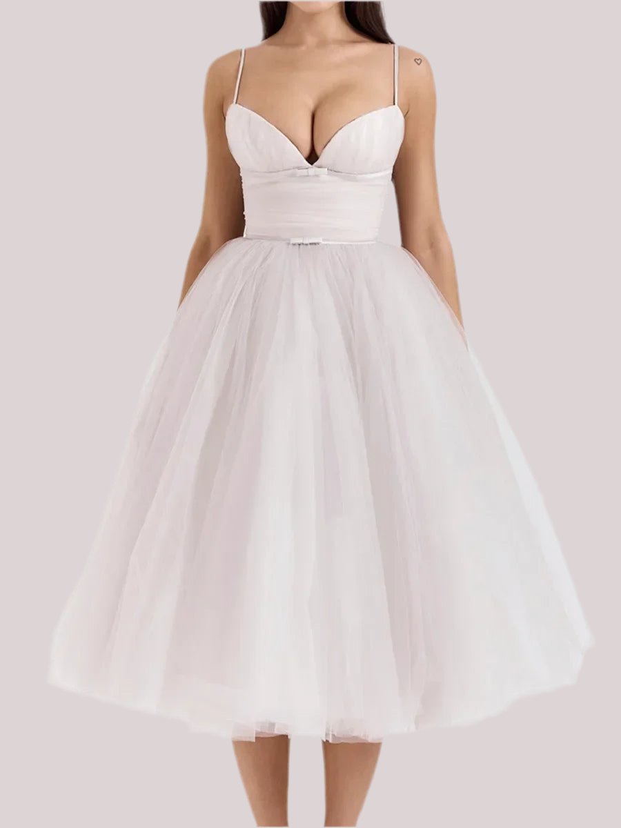 REALMEFIT  - Sweetheart Neckline Strap Tulle Frill Midi Dress