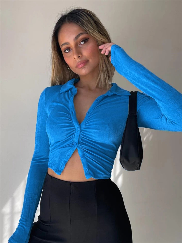 Realmefit   Slim Ruched Ladies Sparkle Shirts Women Sexy Fashion Clothing Button Up Collar Glitter Shirt Long Sleeve Cropped Top