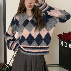 2024 fall fashion trends Korean Style Contrast Color Rhombus Doll Collar Sweater Women's Pullover 2024 Autumn and Winter New Gentle Style Short Knitted Cardigan