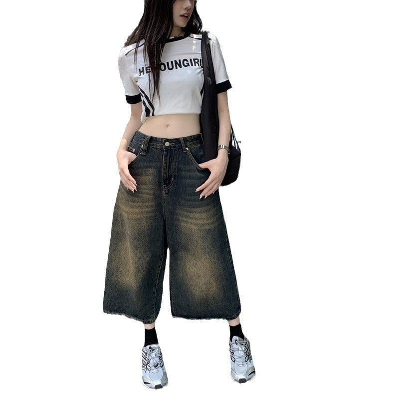 2000s fashion American Street Hip Hop Cropped Wide-Leg Jeans Women's 2024 Summer New High Waist Slimming Loose Straight Pants