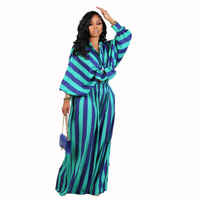 business casual outfits woman Popular New Women's Casual Striped Printed Loose Hong Kong Style Wide Leg Pants Two-Piece Set