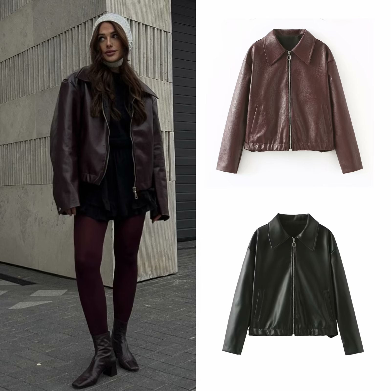 2000s fashion  Women's Retro Lapel Zipper Leather Jacket American Casual Leather Coat Women