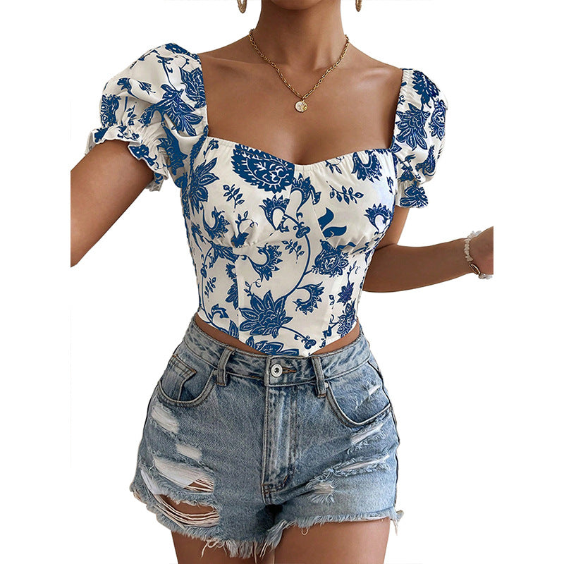 end of summer outfits Spring Women's Printed V-neck Short-Sleeved Shirt Sexy Short Shirt Top