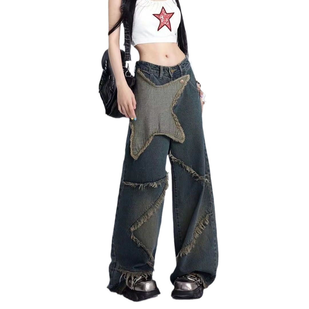 y2k Y2g Dark Retro Straight Wide-Leg Pants Star Design Frayed Mop Pants High Waist Loose Street Jeans