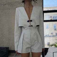 dti outfits 2024 Spring Women's Clothing New Chinese Style Niche Long Sleeve Deep V Top Coat High Waist Shorts Striped Suit