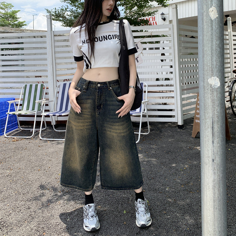 2000s fashion American Street Hip Hop Cropped Wide-Leg Jeans Women's 2024 Summer New High Waist Slimming Loose Straight Pants