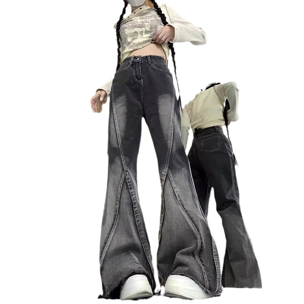 concert outfit High Street Black and Gray Fashionable Gradient Jeans Men's and Women's American Retro Niche Mid-Waist Frayed Flared Pants