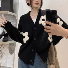 teacher outfits 2024 Korean Style Autumn and Winter New Sweater Women's V-neck Fashion Cardigan Mosaic Flower Sweater Women's Casual Coat