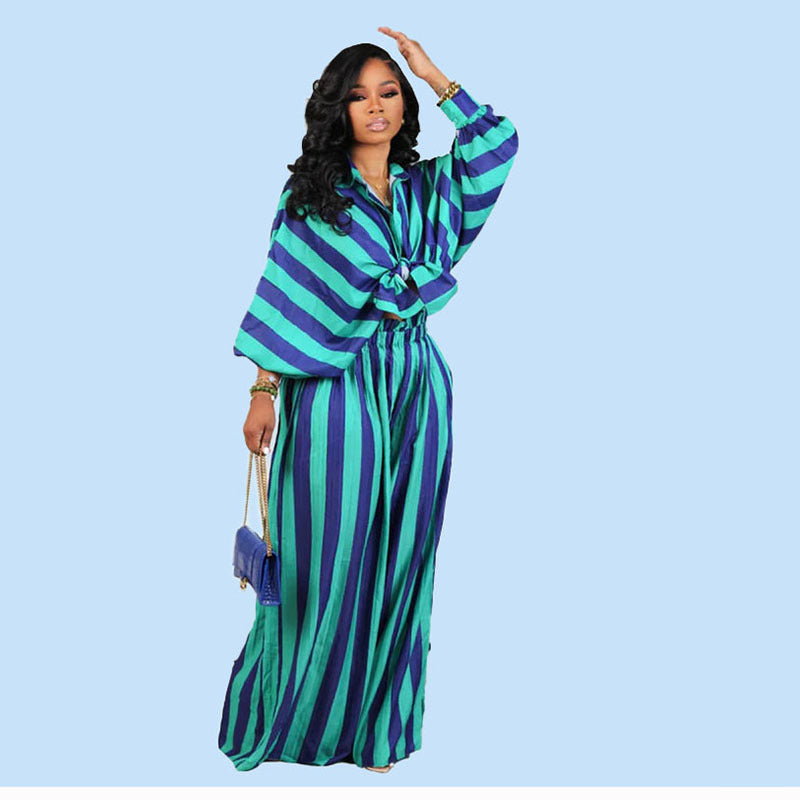 business casual outfits woman Popular New Women's Casual Striped Printed Loose Hong Kong Style Wide Leg Pants Two-Piece Set