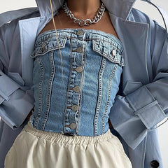 2000s fashion Style Summer Women's Clothing New Denim Sexy Women's off-Shoulder Elastic Wrapped Chest Button Tube Top