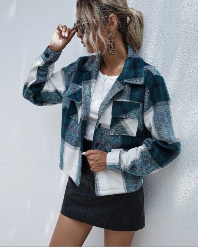 fashion outfits Plaid Contrast Color Long-Sleeved Jacket Women's Winter Fashion Lapel Single-Breasted Jacket