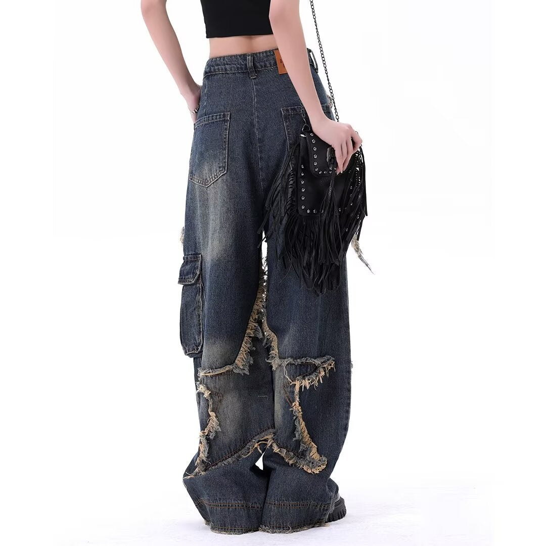 concert outfit Five-Pointed Star Design Jeans Men's and Women's American-Style Retro Pocket Frayed Distressed Washed High Street Workwear Wide-Leg Trousers