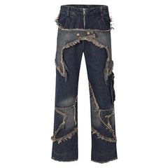 concert outfit Five-Pointed Star Design Jeans Men's and Women's American-Style Retro Pocket Frayed Distressed Washed High Street Workwear Wide-Leg Trousers