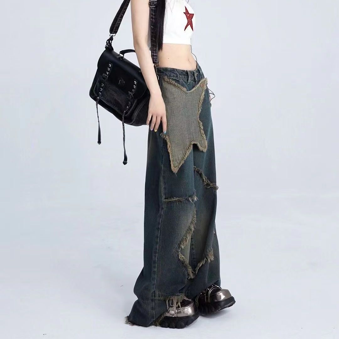 y2k Y2g Dark Retro Straight Wide-Leg Pants Star Design Frayed Mop Pants High Waist Loose Street Jeans