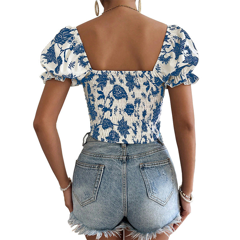 end of summer outfits Spring Women's Printed V-neck Short-Sleeved Shirt Sexy Short Shirt Top