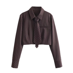 going out outfits  Early Autumn New Women's Clothing Style Lapel with Tie Striped Long Sleeve Short Shirt Top