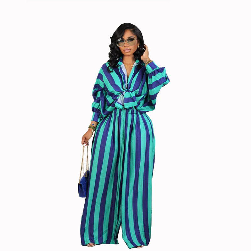 business casual outfits woman Popular New Women's Casual Striped Printed Loose Hong Kong Style Wide Leg Pants Two-Piece Set