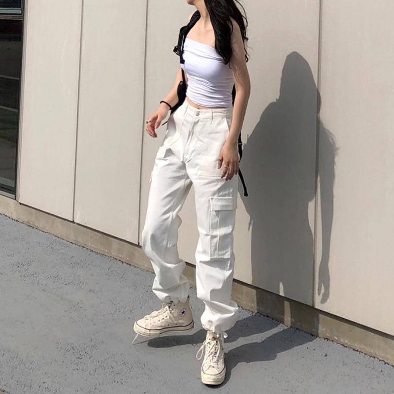 going out outfits Street Retro High Waist Slimming Large Pocket Drawstring Overalls Straight Casual Pants Ankle-Tied Pants Trousers for Women