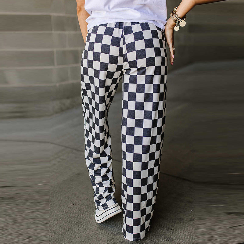 outfit Spring New Chessboard Plaid Printed Casual Pants for Women 2024 Personality Niche Loose High Waist Wide Leg Pants for Women