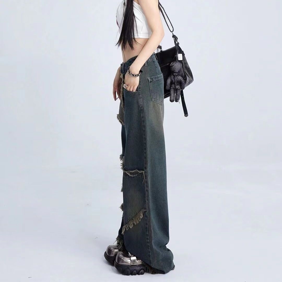 y2k Y2g Dark Retro Straight Wide-Leg Pants Star Design Frayed Mop Pants High Waist Loose Street Jeans