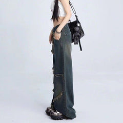 y2k Y2g Dark Retro Straight Wide-Leg Pants Star Design Frayed Mop Pants High Waist Loose Street Jeans