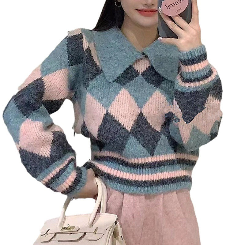 2024 fall fashion trends Korean Style Contrast Color Rhombus Doll Collar Sweater Women's Pullover 2024 Autumn and Winter New Gentle Style Short Knitted Cardigan