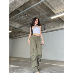 business casual outfits woman Army Green Overalls New Hot Girl American Retro Slimming Trousers Loose Draping Mop Pants