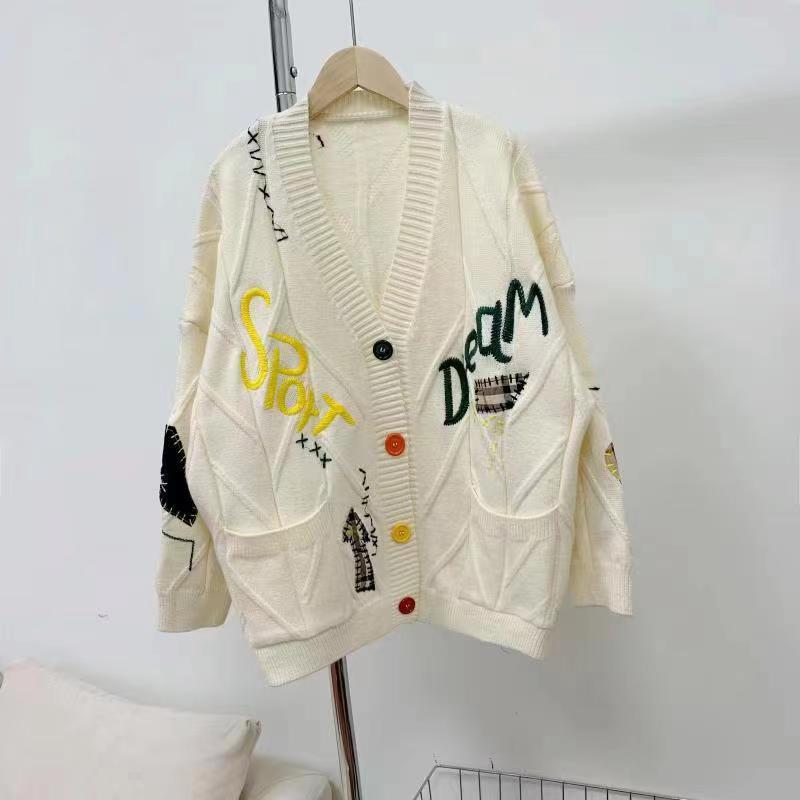 2024 fall fashion trends Autumn and Winter New Korean Style Knitted Loose Heavy Work Color Embroidery Fashion V-neck Mid-Length Sweater Women's Coat