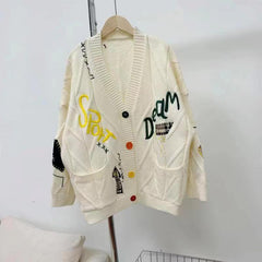 2024 fall fashion trends Autumn and Winter New Korean Style Knitted Loose Heavy Work Color Embroidery Fashion V-neck Mid-Length Sweater Women's Coat