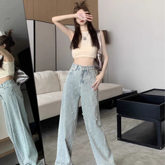 dti outfits Straight Denim Wide-Leg Pants Beaded High Waist Slimming Trousers Women's Niche Design Spring Mop Pants Fashion