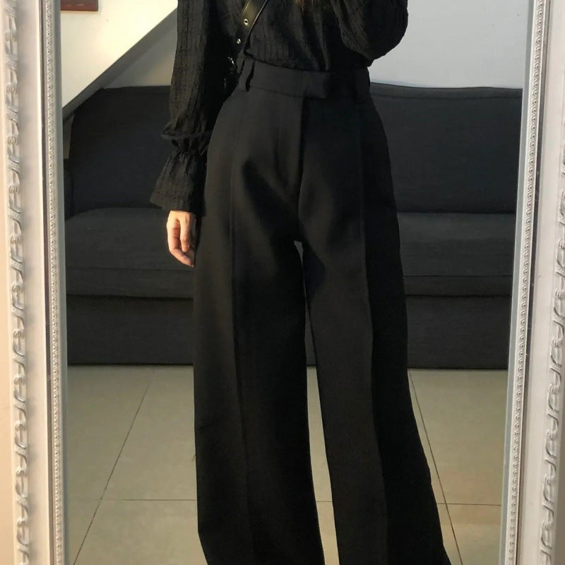 teacher outfits Yujie Style Texture Long-Sleeved Shirt Suit Women's Autumn High Waist Straight Wide-Leg Pants Elegant Black Lantern Sleeve Top