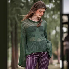 concert outfit Casual Spring, Summer and Autumn Women's Hollow Star Loose Knitted Blouse See-through Mesh Sweet Fresh Mori