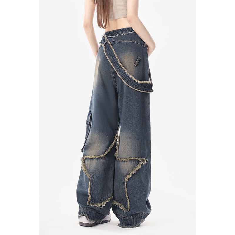 concert outfit Star Frayed Jeans Women's Autumn and Winter Chubby Girl Slimming Retro Small Straight Wide Leg Long Pants