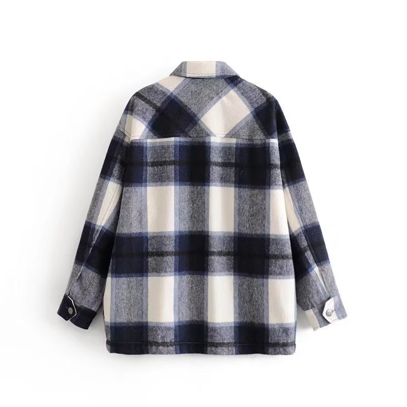 fashion outfits Autumn and Winter New Women's Lapel Plaid Shirt Soft Woolen Coat 