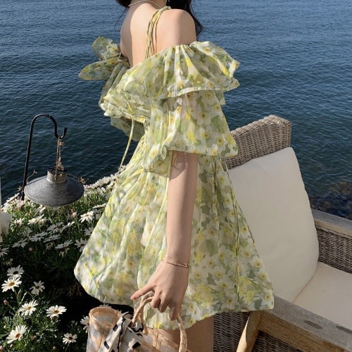 alien invasion dress to impress French First Love Sweet Spicy Gentle Tea Break Chiffon Floral Strap Dress Women's Spring and Summer Waist-Tight Fluffy Princess Dress