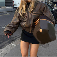 2024 fall fashion trends Zipper Distressed Bomber Jacket Coat 2024 Fashion Women Long Sleeve Personality Street Coat