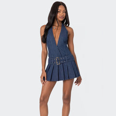 barn jacket outfits Beautiful Halter Dress Women's Summer Sexy Deep V Waist Pleated Skirt Fashion Striped Backless Pleated Skirt Women