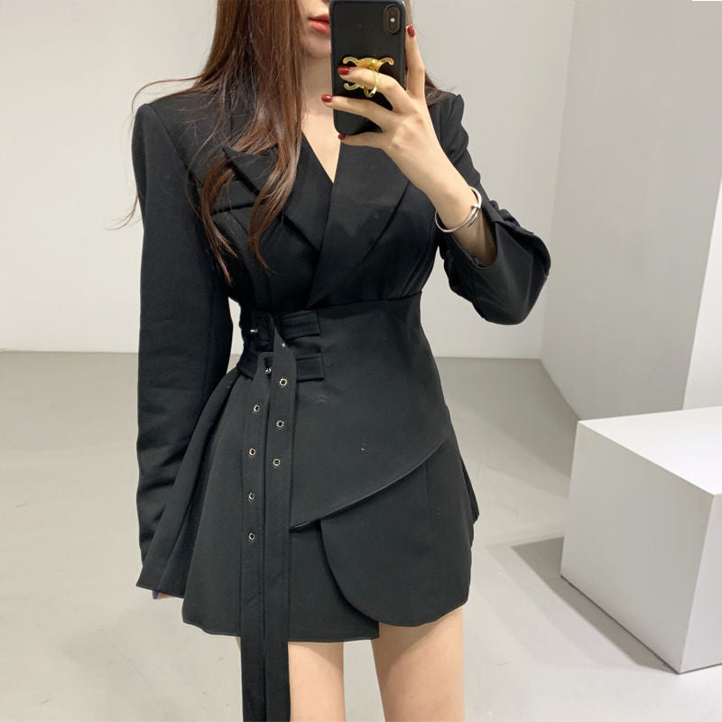 business casual outfits woman 2024 Spring and Autumn New Adjustable Double Belt Small Suit Jacket Women's Slimming Irregular Fake Two-Piece Quality Suit Skirt