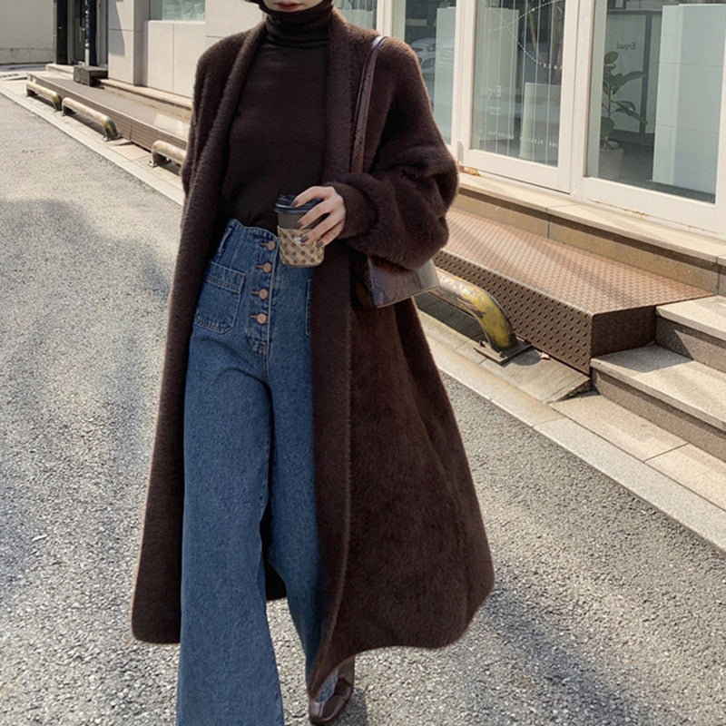 outfit inspo Korean Style Autumn and Winter New Style Faux Mink Velvet Sweater Women's Cardigan Outer Wear over the Knee Long Loose Overcoat Women's Coat