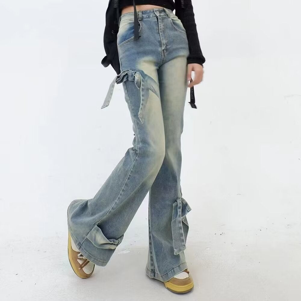 2000s fashion American Summer Vintage Washed High Waist Slimming Trousers Trendy Hot Girl Bow Design Feeling Slightly Pull Jeans Trendy