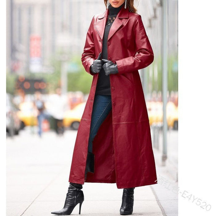 2024 fall fashion trends New Women's Button Leather Coat Extended Coat Slim Fit Slimming plus Size Leather Trench Coat