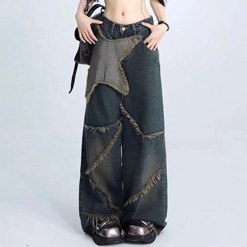 y2k Y2g Dark Retro Straight Wide-Leg Pants Star Design Frayed Mop Pants High Waist Loose Street Jeans